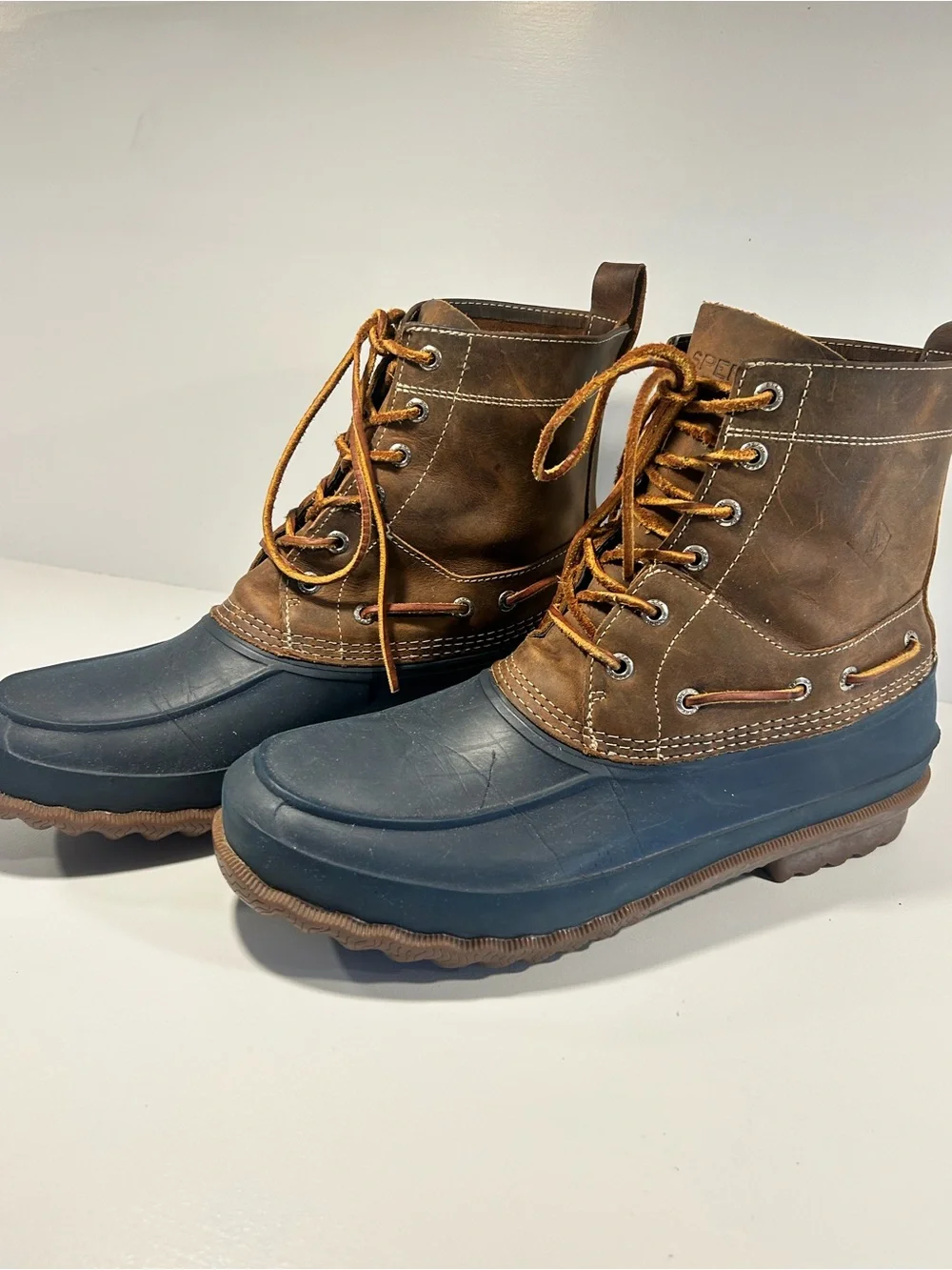 Sperry Waterproof Duck Boots Men’s 12 Brown Leather Rubber Lace Up STS13459